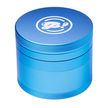 The BIGFUN! XL Grinder is a metallic blue aluminum grinder with a textured grip, diamond-shaped teeth, and a white logo on the lid, shown isolated on a white background.