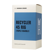 A white and blue box labeled Human Grade 7.5" Recycler 45 (Triple Marble) Glass Rig Water Pipe features borosilicate glass, a 14mm quartz bucket, and a minimalist line graphic on the side.