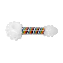The Human Grade Rainbow Spoon Pipe is a handmade borosilicate glass pipe with white textured ends and a vibrant multicolored striped center, making it stand out when isolated on a white background.
