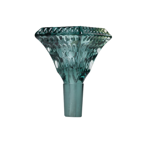 The Human Grade Diamond Glass Bowl Slide 14mm is a decorative green glass accessory with a wide, flared, textured top and raised circular bumps—perfect for adding style to any 14mm water pipe or bong.