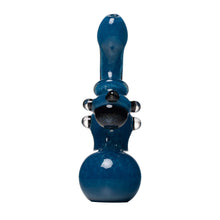 The Human Grade Sherlock Bubbler is a handmade blue pipe with a rounded base, vertical neck, and clear glass knobs, crafted from durable borosilicate glass and shown against a white background.