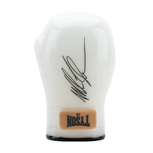 White boxing glove with black signature and brown label on a white background