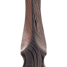 Close-up of the MJ Arsenal Wooden Round Dab Tool's wavy, patterned stainless steel blade, displaying intricate Damascus-style layers and a reflective surface—a showcase of detailed craftsmanship for handling concentrates.