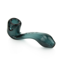 The Grav Mini Sherlock is a dark green glass pipe featuring a smooth curved design and deep bowl, making it perfect for portability. It has a bowl on one end and mouthpiece on the other, shown isolated on a white background.