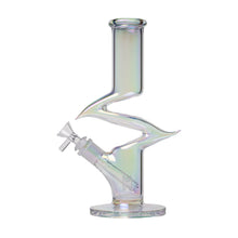 The Human Grade Iridescent Zing Water Pipe is made from borosilicate glass, showcasing a unique twisted zigzag design in the middle and a straight mouthpiece at the top.