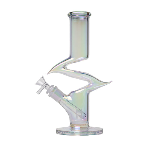 The Human Grade Iridescent Zing Water Pipe is made from borosilicate glass, showcasing a unique twisted zigzag design in the middle and a straight mouthpiece at the top.