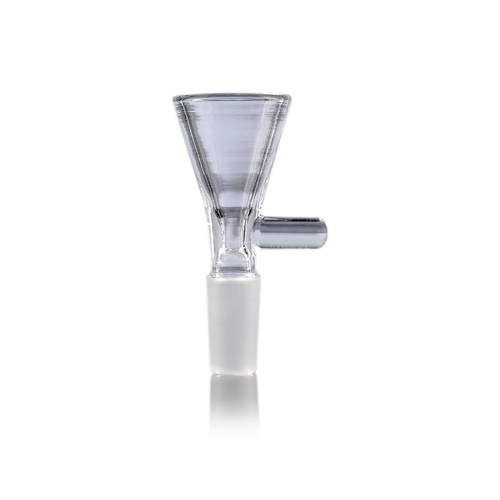 The MJ Arsenal Cache Bowl (10mm) is a clear glass, funnel-shaped adapter with a frosted base and small side handle—ideal as a Cache Mini Water Pipe bowl or 10mm bowl replacement, shown isolated on a white background.
