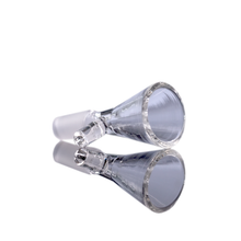 The MJ Arsenal Cache Bowl (10mm), a clear glass adapter perfect for water pipes, rests on its side against a white background with its reflection shown below.