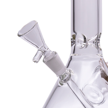 Close-up of the MJ Arsenal Cache Bowl (10mm), a clear glass water pipe with a removable 10mm bowl, showcasing its clean and transparent design against a white background.