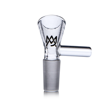 The MJ Arsenal Flower Bowl (10mm) is a clear borosilicate bowl attachment with a handle and an overlapping M black logo on the side, designed for water pipes or mini bongs. Shown on a plain white background.