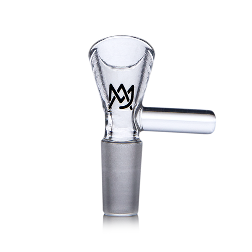 The MJ Arsenal Flower Bowl (10mm) is a clear borosilicate bowl attachment with a handle and an overlapping M black logo on the side, designed for water pipes or mini bongs. Shown on a plain white background.