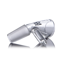 The MJ Arsenal Flower Bowl (10mm) is a clear glass adapter with a bent neck, side handle, frosted ground joint, and black logo, designed to complement MJ Arsenal mini rigs and shown on a reflective white surface.