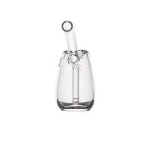 The MJ Arsenal Bulb Bubbler is made of clear borosilicate glass with a wide base, narrow top, and an angled spout featuring a circular opening. It is shown against a plain white background.