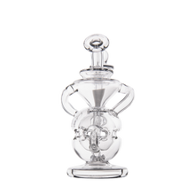 The MJ Arsenal Infinity Mini Dab Rig, made of clear borosilicate glass with a round base, bulbous center, two side handles, and a looped lid handle, is displayed against a white background.