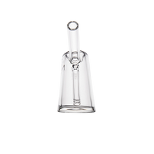 The MJ Arsenal Fulcrum Bubbler, made from clear borosilicate glass with a cone-shaped body and cylindrical spout, is displayed against a plain white background.
