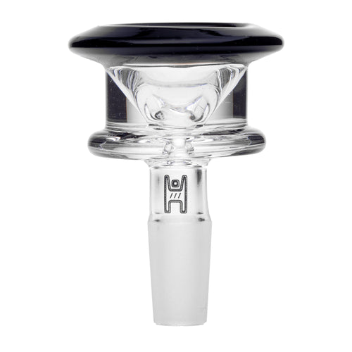 The Human Grade Bulb Glass Bowl Slide 14mm is a clear borosilicate glass bowl with a black rim, frosted connector, and small neck logo—ideal for your favorite water pipe or bong.