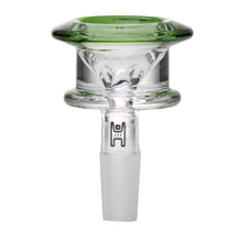 The Human Grade Bulb Glass Bowl Slide 10mm/14mm features clear borosilicate glass, a flat wide rim tinted green at the top, a frosted 14mm joint at the base, and a small black logo on the neck.