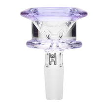 The Human Grade Bulb Glass Bowl Slide features clear borosilicate glass with a light purple tint, a wide flared rim, 14mm joint, frosted connector, and a small black logo on the neck.
