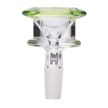 The Human Grade Bulb Glass Bowl Slide 10mm/14mm features clear borosilicate glass, a green-tinted rim, frosted 14mm joint, and a printed logo, perfect for water pipes or bongs.