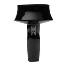 The Human Grade Cauldron Glass Bowl Slide 10mm/14mm features a black ceramic finish, wide shallow top, textured matte base, and subtle branding on the neck—making it a stylish water pipe accessory.