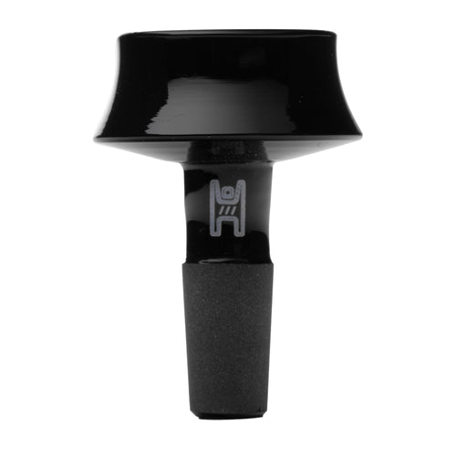 The Human Grade Cauldron Glass Bowl Slide 10mm/14mm features a black ceramic finish, wide shallow top, textured matte base, and subtle branding on the neck—making it a stylish water pipe accessory.