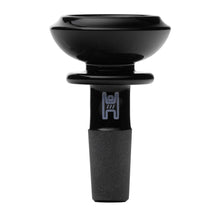 The Human Grade Saucer Glass Bowl Slide 10mm/14mm features a black, glossy saucer design with a wide top and tapered matte base, accented by a light blue logo on the neck. It fits 10mm or 14mm water pipes. Background is plain white.