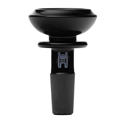 The Human Grade Saucer Glass Bowl Slide 10mm/14mm features a black, glossy saucer design with a wide top and tapered matte base, accented by a light blue logo on the neck. It fits 10mm or 14mm water pipes. Background is plain white.