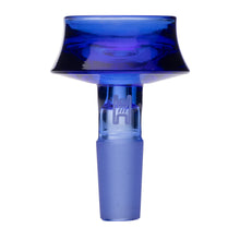 The Human Grade Cauldron Glass Bowl Slide 10mm/14mm is a blue borosilicate hookah accessory with a wide flat top, frosted base, and an etched chair design on the neck, shown isolated on a white background.