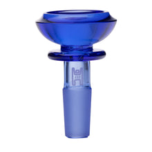 The Human Grade Saucer Glass Bowl Slide features blue borosilicate glass, a wide top saucer design, polished finish, etched logo on the neck, and fits 10mm or 14mm frosted joints for water pipes or bongs.