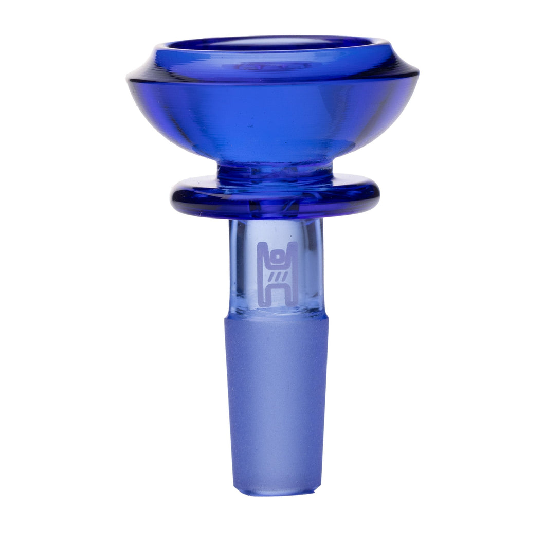 The Human Grade Saucer Glass Bowl Slide features blue borosilicate glass, a wide top saucer design, polished finish, etched logo on the neck, and fits 10mm or 14mm frosted joints for water pipes or bongs.