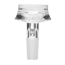 The Human Grade Cauldron Glass Bowl Slide 10mm/14mm is a clear borosilicate glass bowl hookah with a wide circular top, short frosted connector base, and sleek black logo on the stem—ideal as a stylish water pipe accessory. White background.