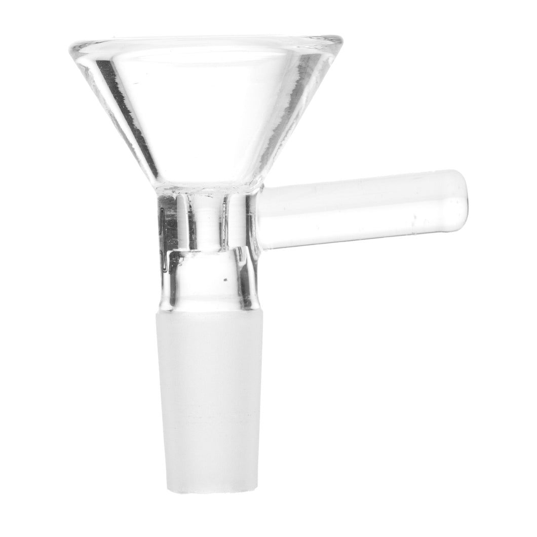 The Human Grade Standard Glass Bowl Slide 10mm/14mm is a clear borosilicate glass flower bowl with a conical top, cylindrical side handle, and frosted base designed to fit 14mm or 10mm water pipes or bongs.