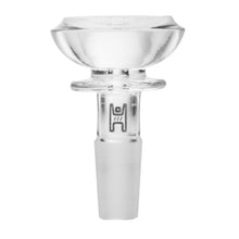 The Human Grade Saucer Glass Bowl Slide 10mm/14mm is a clear borosilicate piece featuring a wide, shallow saucer design, frosted tapered base for 10mm/14mm water pipes, and a small stylized logo on the neck.