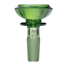The Human Grade Saucer Glass Bowl Slide 10mm/14mm features green borosilicate glass, a wide saucer bowl design, and a frosted base—compatible with 10mm and 14mm water pipes. Photographed on a white background.