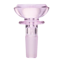 The Human Grade Saucer Glass Bowl Slide 10mm/14mm is made from translucent pink borosilicate glass, features a wide, shallow saucer design, and includes a frosted conical joint for use with 10mm or 14mm water pipes.