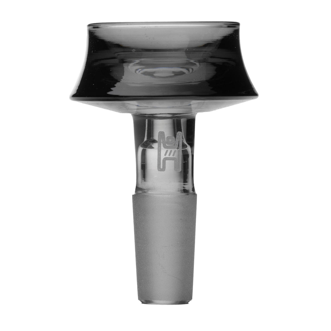 The Human Grade Cauldron Glass Bowl Slide 10mm/14mm is a clear borosilicate glass hookah accessory with a flared top, frosted stem, and etched chair design on the neck. Shown on a white background for an elegant appearance.