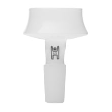 The Human Grade Cauldron Glass Bowl Slide 10mm/14mm features a white ceramic cauldron design with a wide top and narrow base, plus a simple black-outlined figure with raised arms on the stem—a great hookah accessory.