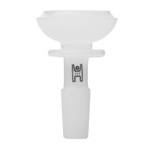 The Human Grade Saucer Glass Bowl Slide 10mm/14mm is a white, ceramic hookah bowl with a modern saucer design and a black abstract neck symbol—ideal for pairing with 10mm or 14mm water pipes, shown on a plain white background.