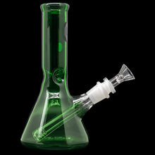 The "Crown Jewel" Emerald Green Beaker Bong by LA Pipes is handmade in Los Angeles from borosilicate glass and features a clear angled downstem and bowl, displayed on a black background.
