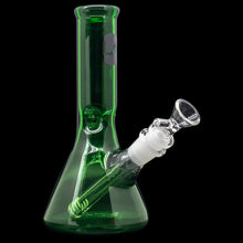 The "Crown Jewel" Emerald Green Beaker Bong by LA Pipes is handmade in Los Angeles from borosilicate glass and comes with a clear bowl and downstem, displayed against a black background.