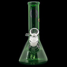 The "Crown Jewel" Emerald Green Beaker Bong by LA Pipes is handmade in Los Angeles, featuring a clear glass bowl and downstem, shown against a black background.