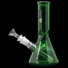 The "Crown Jewel" Emerald Green Beaker Bong by LA Pipes is handmade in Los Angeles, featuring borosilicate glass with a clear bowl and downstem, set against a solid black background.
