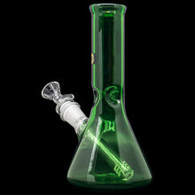 The "Crown Jewel" Emerald Green Beaker Bong by LA Pipes, with a clear glass bowl and downstem, is showcased against a black background.