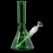 The "Crown Jewel" Emerald Green Beaker Bong by LA Pipes is handmade in Los Angeles from borosilicate glass and features a clear glass downstem and bowl, shown here against a black background.