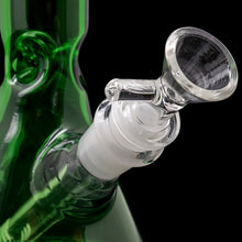 Close-up of a clear glass bowl and downstem on the "Crown Jewel" Emerald Green Beaker Bong by LA Pipes, handmade in Los Angeles from green borosilicate glass, set against a black background.
