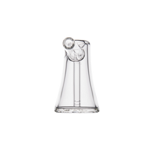 The MJ Arsenal Vulkan Bubbler is made from clear borosilicate glass, featuring a conical base and a short, angled spout. It's shown against a plain white background.