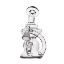 The MJ Arsenal Hydra Vape Edition is a clear glass mini dab rig with an intricate design of curved tubes and a funnel-shaped bowl, displayed against a plain white background.