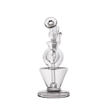 The MJ Arsenal Gemini Mini Dab Rig, a clear borosilicate glass piece with a round chamber, angled neck, and wide base for smoking, is shown against a plain white background.