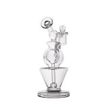 The MJ Arsenal Gemini Mini Dab Rig, crafted from durable borosilicate glass, features a curved mouthpiece, rounded central chamber, and stable wide base—ideal for portable dabbing—all displayed against a plain white background.