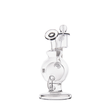 The MJ Arsenal Atlas Mini Dab Rig is a clear borosilicate glass water pipe with a round base, curved neck, and attached bowl. This compact, unadorned dab rig is shown against a plain white background.